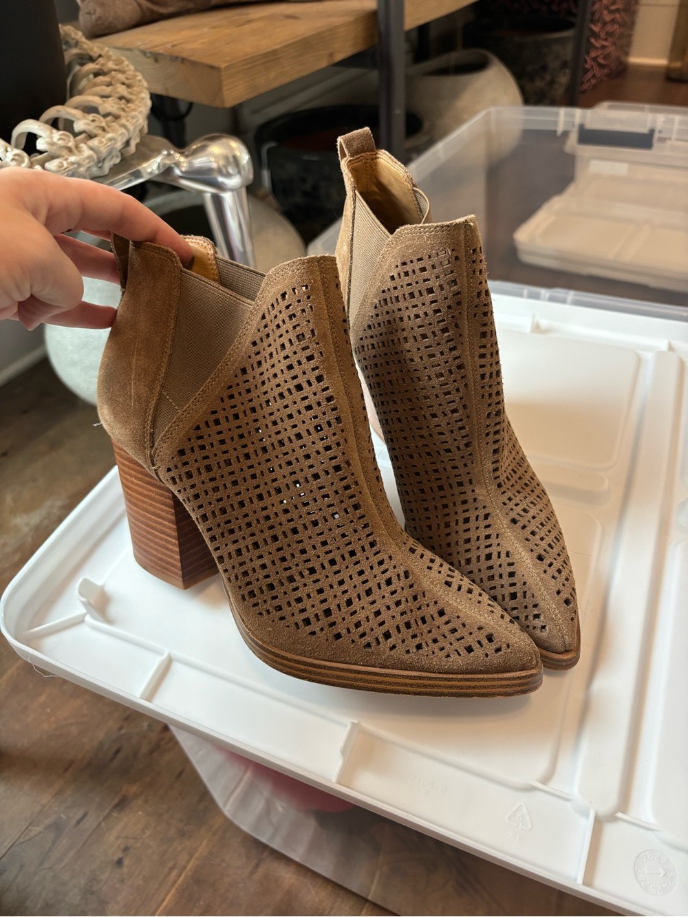 Marc Fisher Tan Perforated Suede Block Heel Booties